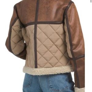 Quilted Tan and Brown Shearling-Trim Leather Jacket for Women